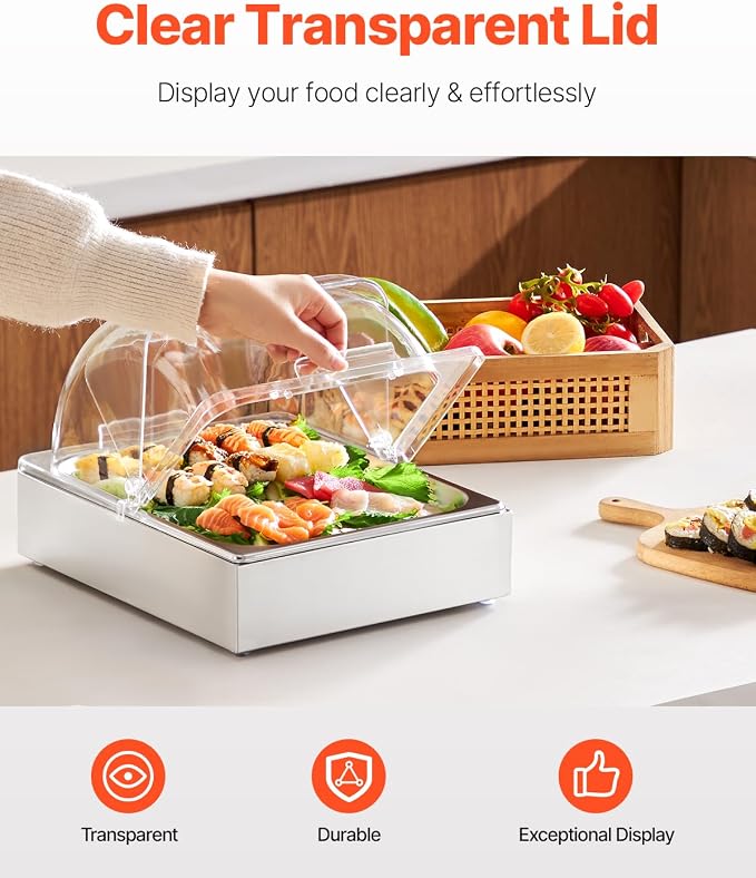 VEVOR Countertop Food Serving Display Container, 1 x 1/2 Pan Stainless Steel Food Serving Tray, Buffet Condiment Dispenser Display Rack with Clear Lid & Ice Tray, for Restaurant Hotel Kitchen Party
