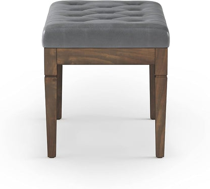 SIMPLIHOME Dahlia 18" x 46" Solid Wood Outdoor Indoor Bench in Taupe | Traditional tufted ottoman bench with carved legs; ideal bedroom or living room footstool or footrest.