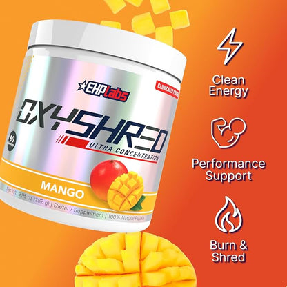 EHP Labs OxyShred Pre Workout Powder - Preworkout Powder with L Glutamine & Acetyl L Carnitine, Energy Boost Drink - Mango, 60 Servings