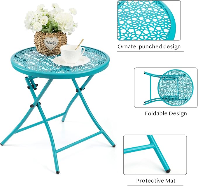 TeoKJ Folding Outdoor Side Table, No Assembly Patio Table with Cutouts | Metal Round Anti Rust Patio Desk, Small Nightstand with Flower Cutouts, for Yard, Balcony, Lawn, Pool, Lightweight, Blue