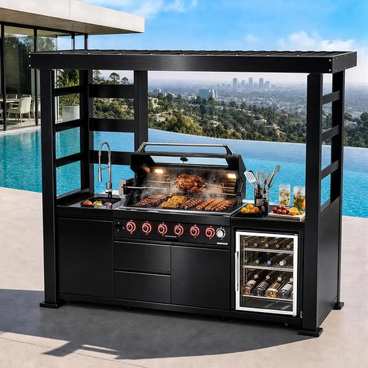 94.3" 6-Burner Modular Outdoor Kitchen Island, 85000 BTU Propane Gas Grill | Rear Infrared, Galvanized Steel Roof, Granite Countertop, Fridge, 360° Pull-Out Faucet,304 Sink, Rotisserie