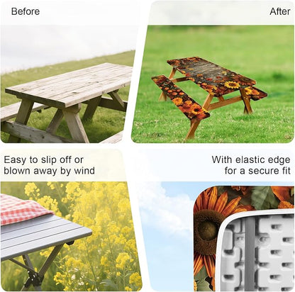 ANNA QUEEN Autumn Harvest Picnic Table Cover Set, 6FT Rustic Fall 3PCS 72"x30" Waterproof Tablecloth with Bench Covers for Camping Thanksgiving & Outdoor Events