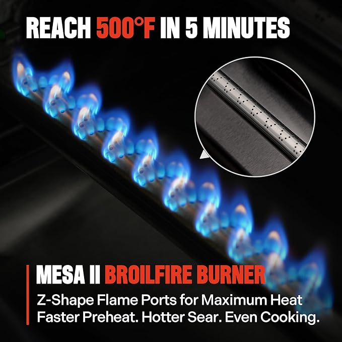 Monument Grills 4 Burner Stainless Steel Propane Gas Grill Mesa 2, 500°F in 5 Mins, 525 sq.in, 37,000 BTU, Broil Zone, Foldable Side Shelves, Knob Control, Built in Thermometer, with Trash Can & Rack