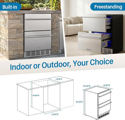 24 Inch Outdoor Drawer Refrigerator, 154 Cans Drawer Beverage Fridge, Freestanding or Built-In Outdoor Beverage Refrigerator with Stainless Steel Drawers for Kitchen, Patio, Home Bar