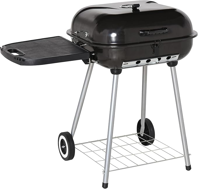 21" Portable Charcoal Grill with Wheels and Bottom Shelf, BBQ Smoker with Adjustable Vents on Lid for Picnic Camping Backyard Cooking, Black