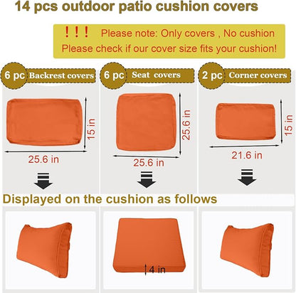 14 Piece Outdoor Patio Cushion Cover Replacement, Waterproof Patio Cushion Covers, Outdoor Furniture Cushion Covers Set for 6 Seat Wicker Rattan Sofa (Orange)