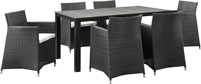 Lexmod Junction 7 Piece Outdoor Patio Dining Set with Cushion, Brown/White