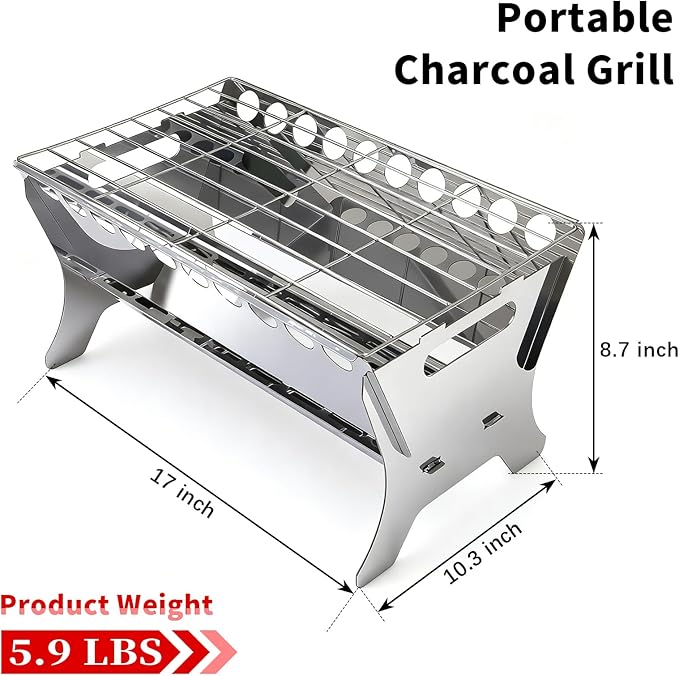 Portable Charcoal Grill, Stainless Steel Folding BBQ Grill, Heavy Duty Camping Fire Pit, Tabletop Charcoal Grills for Outdoor Cooking, Picnic, Tailgate, Beach, Backyard, 17 * 10.3 * 8.7 inch