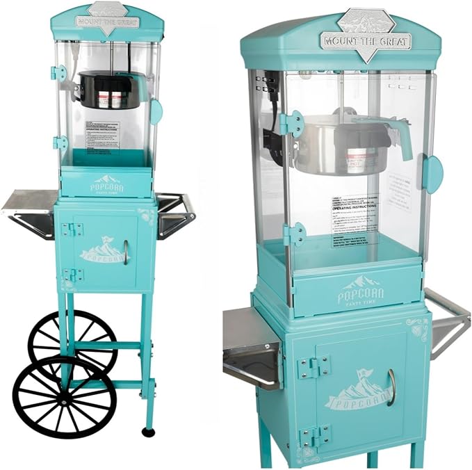 10 Oz Popcorn Machine with Cart, Mobile Popcorn Maker for 64 Cups per Batch, Nostalgia Professional Cart with Simple One-Touch & 3 Spoons, Movie Night Supplies for Home, Cyan