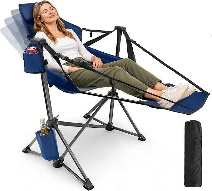 HOPERAN Hammock Camping Chair with Footrest, 400 lbs Swing Chair, Blue | 31.5" Wide Seat, 90°-130° Recliner, Stable Frame, 600D Fabric, Carry Bag, Cup Holder, Storage Pocket, for Beach Patio Sports