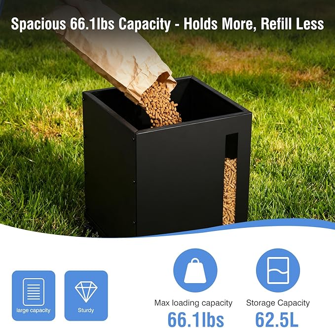 Rayzi 66lb Wood Pellet Storage Bin, Carbon Steel Fuel Pellet Container with Lid, Outdoor Waterproof & Rust-Resistant Metal Storage for Wood Pellets, Animal Feed, Charcoal