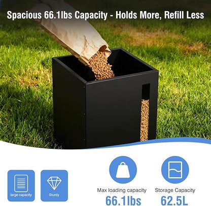 Rayzi 66lb Wood Pellet Storage Bin, Carbon Steel Fuel Pellet Container with Lid, Outdoor Waterproof & Rust-Resistant Metal Storage for Wood Pellets, Animal Feed, Charcoal