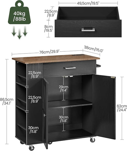 CHOEZON Kitchen Island Cart with Storage, Bar Cart with Charging Station, Kitchen Island on Wheels, Rolling Mobile Table with Cabinet, 3 AC Outlets, Black and Walnut MZD04UBL