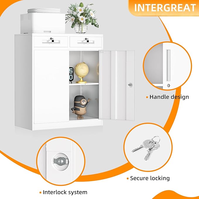 INTERGREAT Metal Storage Cabinet with Drawers, 36”H Lockable Office Storage Cabinets with 2 Doors and Adjustable Shelves, White Steel File Cabinet for Home Office, Garage, School, Apartment(White)
