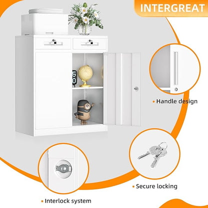 INTERGREAT Metal Storage Cabinet with Drawers, 36”H Lockable Office Storage Cabinets with 2 Doors and Adjustable Shelves, White Steel File Cabinet for Home Office, Garage, School, Apartment(White)