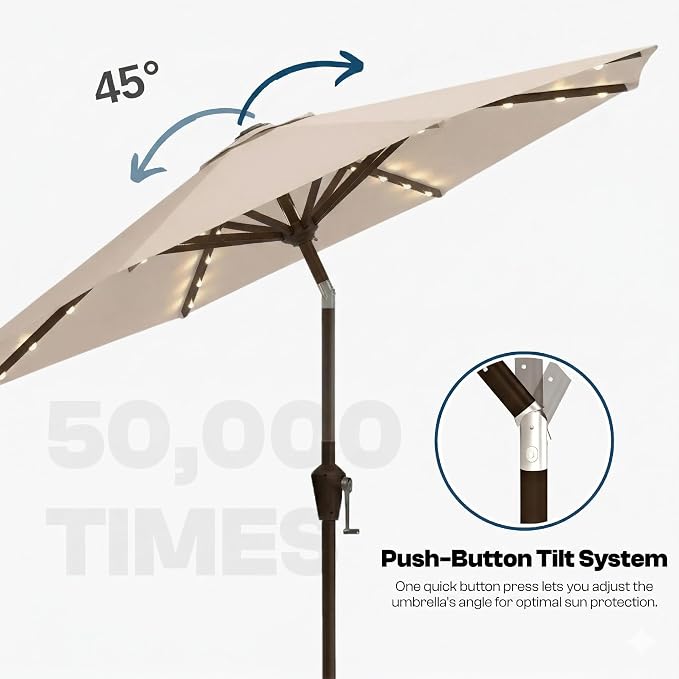 10FT Solar Lighted Patio Umbrella, Outdoor Table Market Umbrellas with Push Button Tilt and Crank, 32 LED Lights, 8 Sturdy Ribs, UV-Resistant for Deck, Garden, Pool