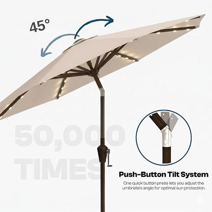 10FT Solar Lighted Patio Umbrella, Outdoor Table Market Umbrellas with Push Button Tilt and Crank, 32 LED Lights, 8 Sturdy Ribs, UV-Resistant for Deck, Garden, Pool