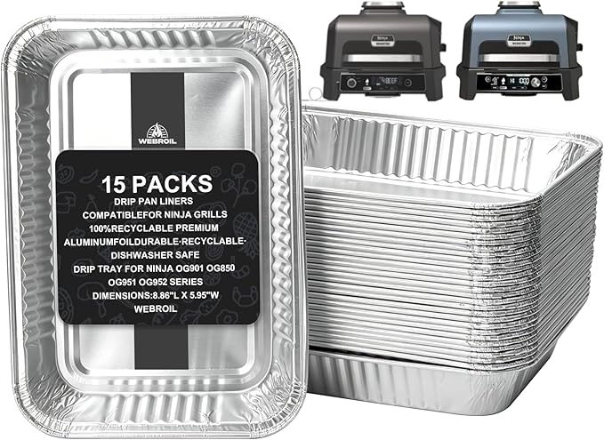 15-Packs Grease Tray Liners for Ninja OG800 & OG900 Series Woodfire Outdoor Grill XL Pro Accessories Disposable Aluminum Smoker Drip Pan Liners for Ninja OG901 OG850 OG951 OG952 Drip Pan Liner