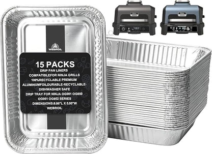 15-Packs Grease Tray Liners for Ninja OG800 & OG900 Series Woodfire Outdoor Grill XL Pro Accessories Disposable Aluminum Smoker Drip Pan Liners for Ninja OG901 OG850 OG951 OG952 Drip Pan Liner