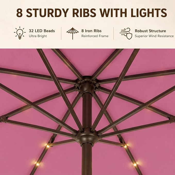 11FT Solar Lighted Patio Umbrella, Outdoor Table Market Umbrellas with Crank Lift, 32 LED Lights, 8 Sturdy Ribs, UV-Resistant for Deck, Garden, Pool