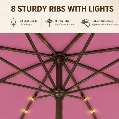 11FT Solar Lighted Patio Umbrella, Outdoor Table Market Umbrellas with Crank Lift, 32 LED Lights, 8 Sturdy Ribs, UV-Resistant for Deck, Garden, Pool