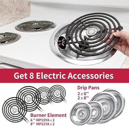 MP22YA Electric Stove Burner Element Replacement Set & W10290350 W10290353 4 Pack Silver Drip Pans - Perfectly Fit Whirlpool Electric Range Stove Top