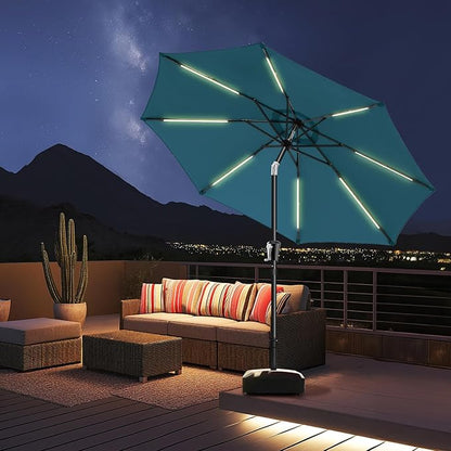 HOMSHADE 9ft Solar Patio Umbrella - Solar Lights LED Lighted UPF50+ UV Protection Umbrella, Outdoor Market Table Umbrella with Push Button Tilt, Crank for Pool Deck and Garden (Peacock Blue)
