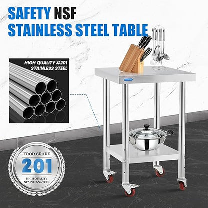 KUARBARR Stainless Steel Table for Prep & Work with 4 Caster Wheels with Undershelf 18 x 24 NSF Metal Commercial Kitchen Prep Table with Adjustable Under Shelf Worktable for Restaurant Home Outdoor