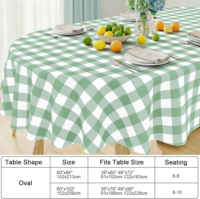 Smiry Oval Table Cloth, Vinyl Tablecloths with Flannel Backing, 60"x102" | Waterproof Picnic Table Cloth, Wipeable Buffalo Plaid Table Cover for Indoor and Outdoor (Sage Green & White)
