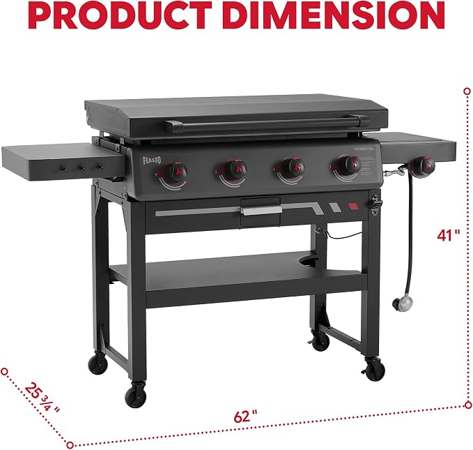 Feasto 36-Inch 4 Burner Propane Flat Top Grill with Hood and Side Burner | 720 Sq. In. Outdoor Griddle with Protective Hood, 50,000 BTU Main Burners, 13,000 BTU Lidded Side Burner, Folding Side Table