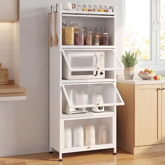 Giantex 5-Tier Kitchen Storage Cabinet, Mobile Microwave Stand with Flip-up PC Doors, Freestanding Kitchen Bakers Rack with 4 Rolling Casters, for Dining Room, Living Room and Study (White)