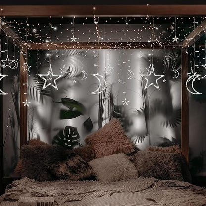 138 LED Ramadan Decorations Lights Solar Moon and Star Lights Outdoor Waterproof Powered Curtain Lights with 8 Modes Ramadan Hanging Decor for Ramadan, Home, Patio (Cold White)