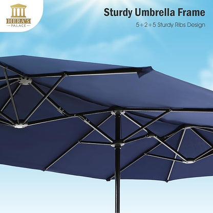 HERA'S PALACE 13 ft Large Patio Umbrella, Double-Sided Twin, Outdoor Market Umbrella with Crank Handle, Powerful UV Protective, Navy Blue