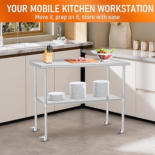 Stainless Steel Prep Table 30" X 48" with Adjustable Undershelf, Backsplash and Wheels, Commercial Metal Workstations for Kitchen, Garage, Outdoor BBQ