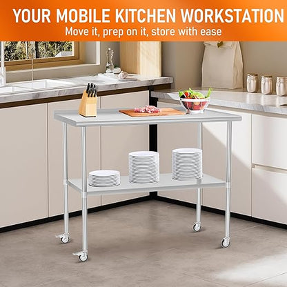 Stainless Steel Prep Table 30" X 48" with Adjustable Undershelf, Backsplash and Wheels, Commercial Metal Workstations for Kitchen, Garage, Outdoor BBQ