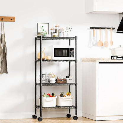 DUMOS 4-Tier Metal Storage Shelves, Wire Shelving, 23.2" W | Lockable Wheels, Adjustable Standing, Heavy Duty Steel Unit, Kitchen Bathroom Pantry Garage Organizers, 47.1"H