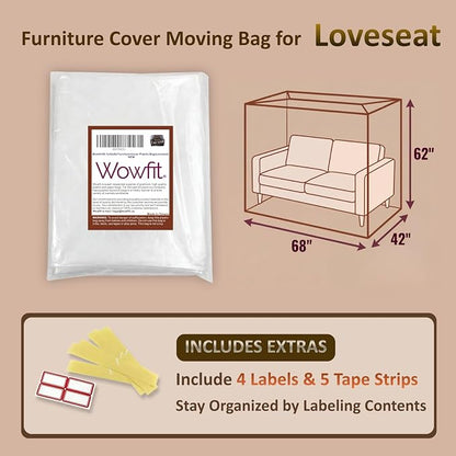 Wowfit 4mil Furniture Cover for Moving, Couch Storage Bag, 68.1Wx42Dx62/41H | With Tape Strips & Labels, Clear, Heavy Duty, Waterproof, Dustproof, Loveseat/Recliner, Sectional Piece, Garage, Outdoor