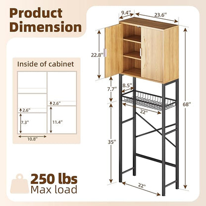 Kalrin Over The Toilet Storage Cabinet with Fluted Wave Doors and Adjustable Shelf, Wood Over Toilet Storage Rack with Drain Basket, Freestanding Bathroom Organizer for Balcony Laundry, Wood & Black