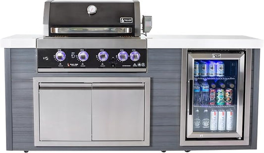Mont Alpi Artwood Series - 78"W x 47"H x 27"D All Weather HDPE Outdoor Kitchen Island + Refrigerator & Double Access Doors + 32"W Black Stainless Steel 4-Burner Built-in BBQ Gas Grill + Rotisserie Kit