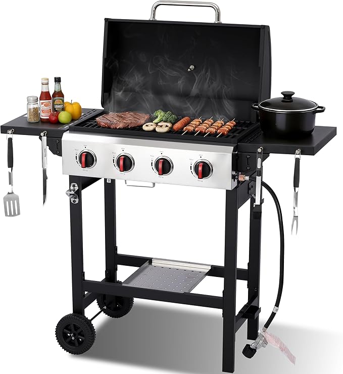 4-Burner Propane Gas Grill with Cast Iron Grate, 40,000 BTU Output & 302 Sq. Inch Cooking Space, Easy-Clean System & Foldable Side Tables for Outdoor BBQ (4-Burner)