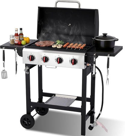 4-Burner Propane Gas Grill with Cast Iron Grate, 40,000 BTU Output & 302 Sq. Inch Cooking Space, Easy-Clean System & Foldable Side Tables for Outdoor BBQ (4-Burner)