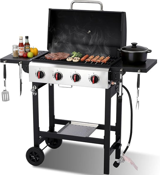 4-Burner Propane Gas Grill with Cast Iron Grate, 40,000 BTU Output & 302 Sq. Inch Cooking Space, Easy-Clean System & Foldable Side Tables for Outdoor BBQ (4-Burner)