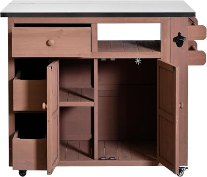 Outdoor Kitchen Island with Stainless Steel Top, Extendable Solid Wood Grill Cart on Wheels, Mobile BBQ Prep Table with Storage Cabinet and Spice Rack for Patio Backyard,