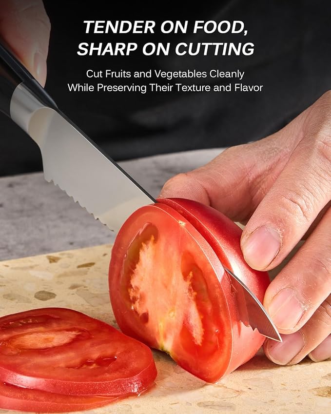 KYOKU 5.5 in. Serrated Utility Knife, Samurai Series Japanese Utility Chef Knife with Pakkawood Handle, German 1.4116 Stainless Steel Full Tang Sandwich Tomato Knife with Protective Sheath & Gift Box