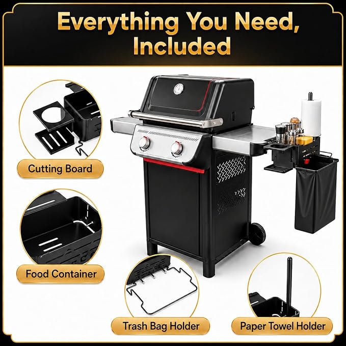 QuliMetal Weber Works Grill Rail Organizer, 5-in-1 BBQ Storage Basket with Paper Towel Bar, Bag Holder, Cup Tray & Tool Hooks, Side Rail Caddy for Weber Slate, Spirit, Genesis, Performer