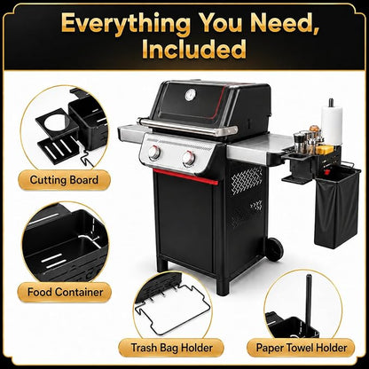 QuliMetal Weber Works Grill Rail Organizer, 5-in-1 BBQ Storage Basket with Paper Towel Bar, Bag Holder, Cup Tray & Tool Hooks, Side Rail Caddy for Weber Slate, Spirit, Genesis, Performer