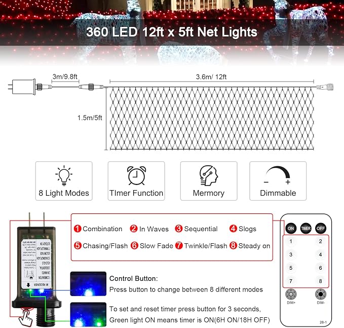 JMEXSUSS 360 LED Halloween Net Lights, Red, 12ft x 5ft | Outdoor Waterproof, Connectable, Plug in, Mesh Lights with Remote for Bushes Shrubs Christmas Halloween Decorations