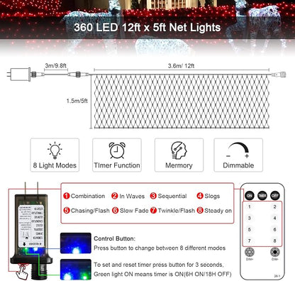 JMEXSUSS 360 LED Halloween Net Lights, Red, 12ft x 5ft | Outdoor Waterproof, Connectable, Plug in, Mesh Lights with Remote for Bushes Shrubs Christmas Halloween Decorations