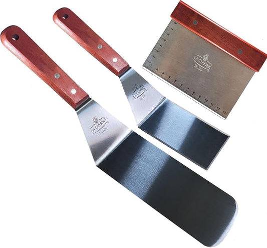 La Cuisine 3 PC Stainless Steel Griddle Spatula Set — Standard & Long Spatulas + Chopper/Scraper with Solid Wood Handles for Grill, BBQ, Teppanyaki & Flat Top Cooking