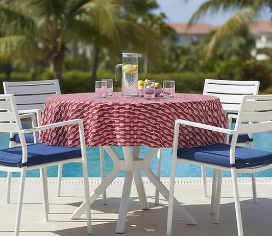 Newbridge Round Vinyl Tablecloth with Flannel Backing, Red Nautical Rope Stripe, 70 Inch, Coastal Striped Indoor Outdoor Wipe Clean Picnic, BBQ and Dining Table Cover